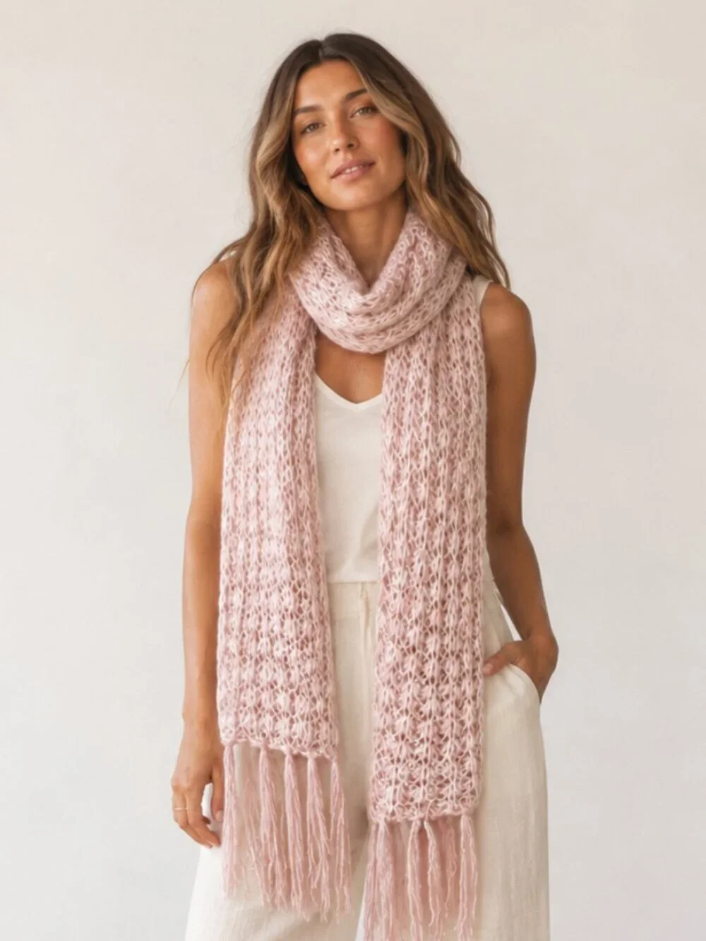 Dusty Pink Long Chunky Scarf Fringe Edges Gold Lurex NWOT